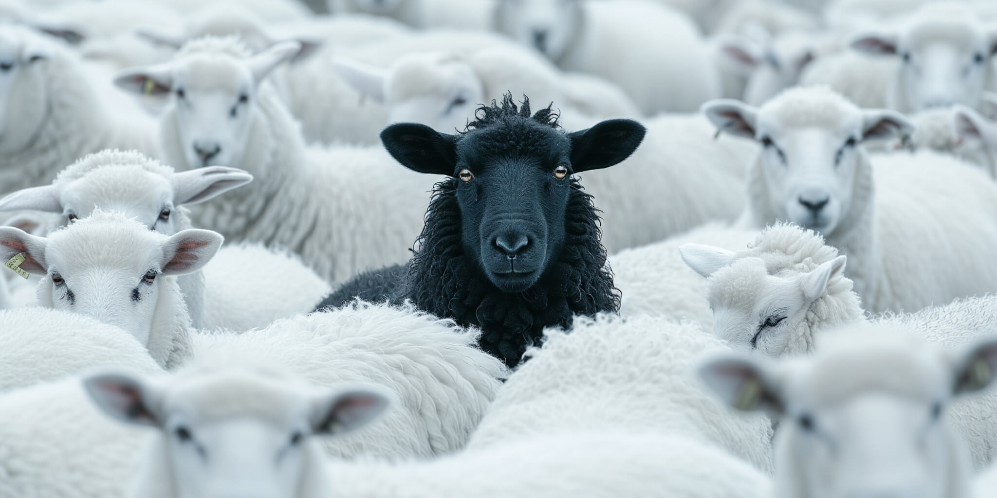 The black sheep in a herd of white sheep.